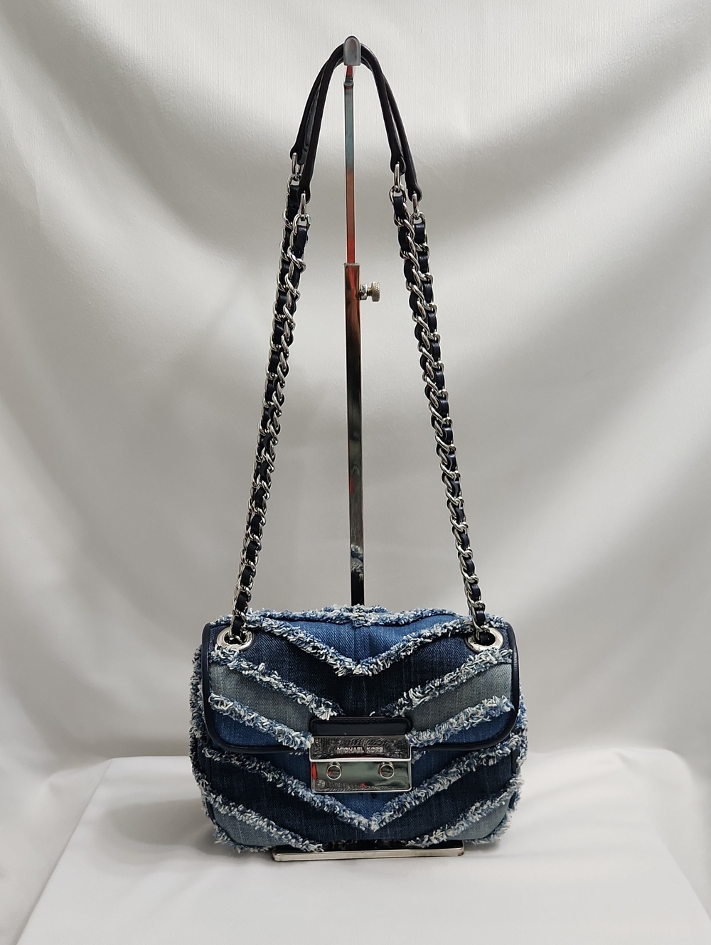 Michael Kors Chevron Blue Denim Sloan Chain Shoulder Bag